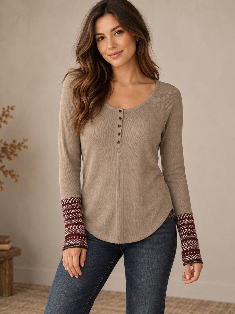 Free People Thermal Henley Top Fair Isle Cuffs Taupe Size Large